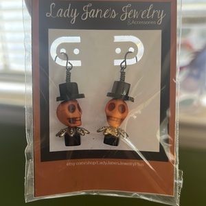 Orange Skull with Top Hat Earrings